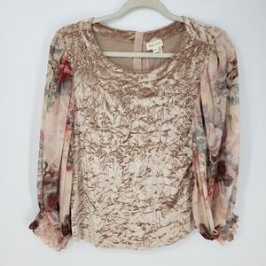 Anthropologie Meadow Rue Crushed Velvet Floral Sleeve Blouse Sz XSP Tan Boho Top